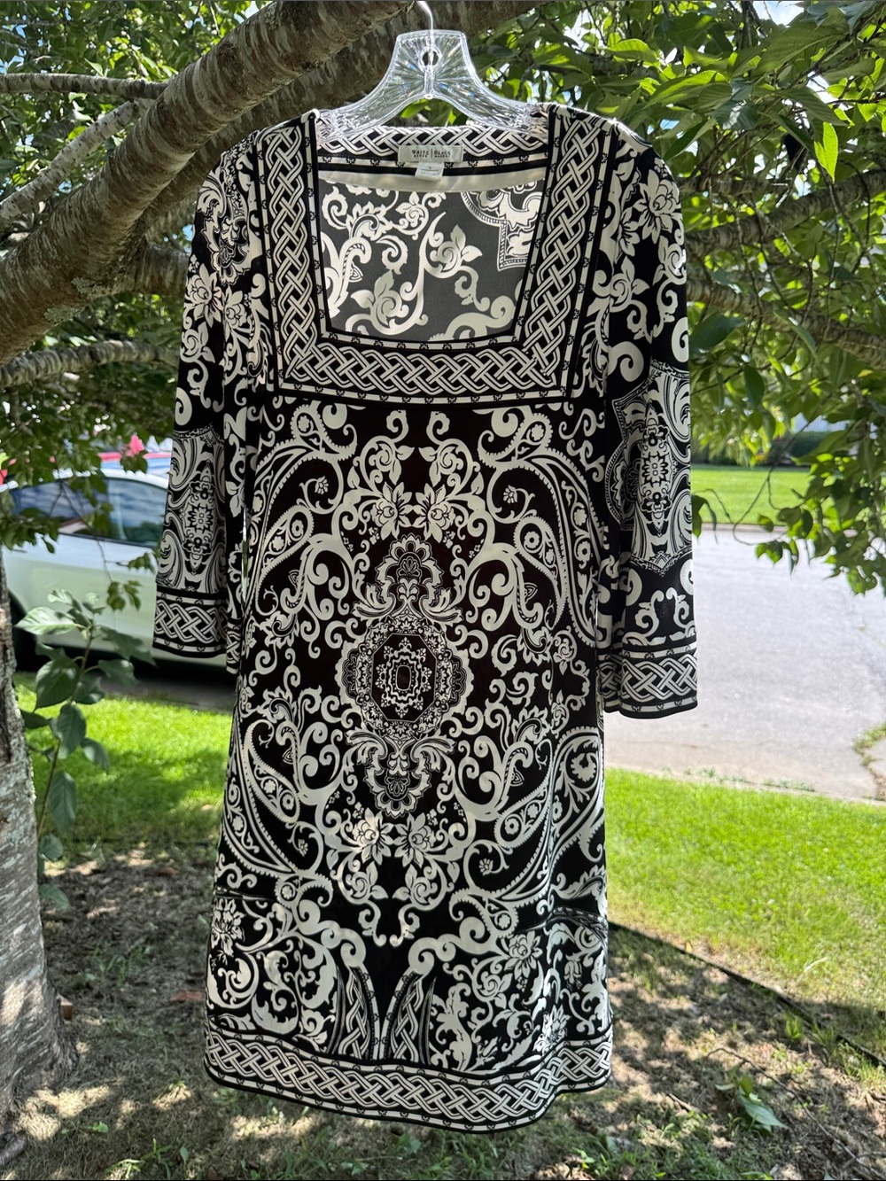 White House Black Market Black and White Scroll-Print Square Neck Dress
